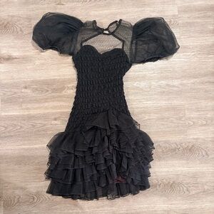 Vintage 1980's body con mini dress with illusion top, sheer pouf sleeves Prom